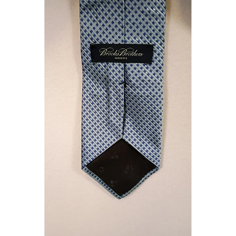 Preppy Brooks Brothers Makers Mens OS Blue Silver Silk Geometric Check Necktie